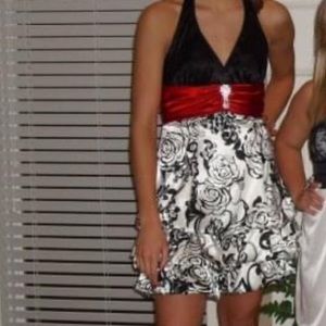 B Darlin Black White Floral Halter Formal Dress w/ Adjustable Red Tie